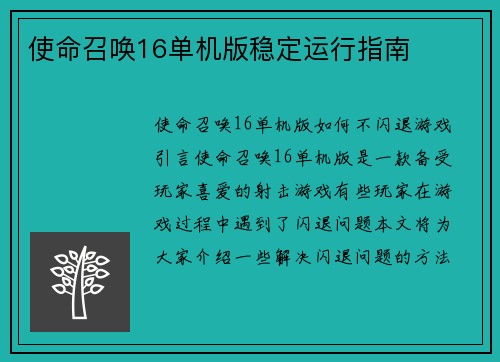 使命召唤16单机版稳定运行指南